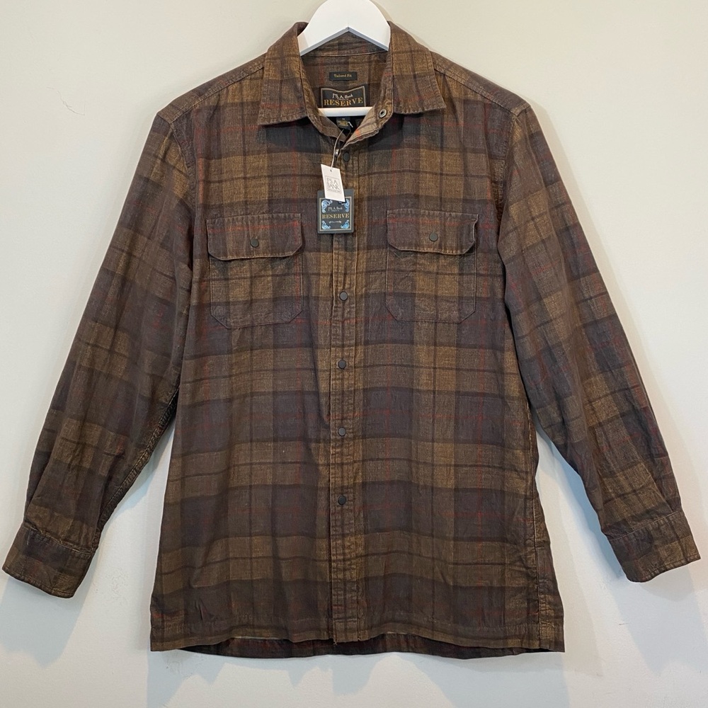 Jos. A. Bank Reserve Brown Plaid Thin Corduroy Snap Front shirt NWT MED Gorpcore